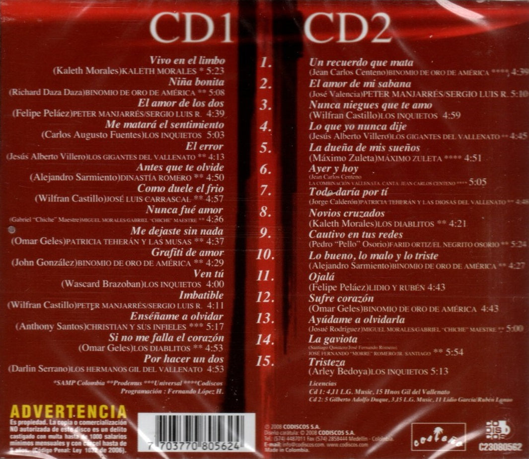 CD X2 Vallenatos De Bronce - 30 Mejores